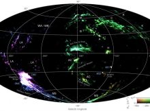 A false-colour all-sky map combining the column density and radial velocity of high-velocity neutral hydrogen gas detected by the HI4PI survey. Brightness corresponds to column density and hue to radial velocity. Credit: ICRAR.