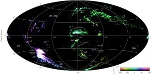 A false-colour all-sky map combining the column density and radial velocity of high-velocity neutral hydrogen gas detected by the HI4PI survey. Brightness corresponds to column density and hue to radial velocity. Credit: ICRAR.