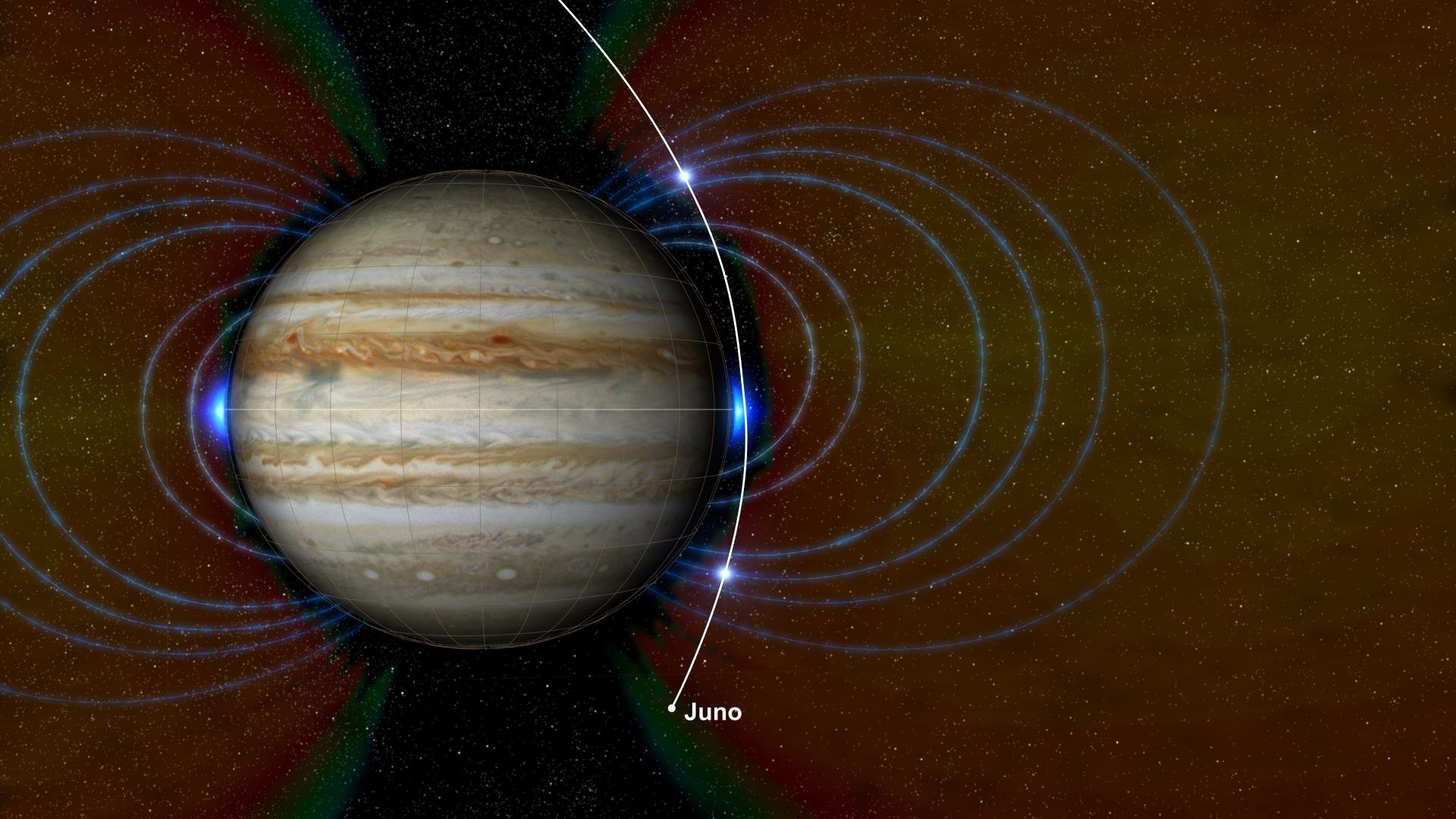 This graphic shows a new radiation zone Juno detected surrounding Jupiter, located just above the atmosphere near the equator. Also indicated are regions of high-energy, heavy ions Juno observed at high latitudes. Image credit: NASA/JPL-Caltech/SwRI/JHUAPL