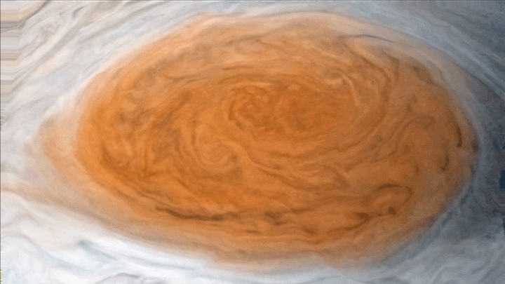 Winds around Jupiter's Great Red Spot are simulated in this JunoCam view that has been animated using a model of the winds there. The wind model, called a velocity field, was derived from data collected by NASA's Voyager spacecraft and Earth-based telescopes. Credit: NASA/JPL-Caltech/SwRI/MSSS/Gerald Eichstadt/Justin Cowart