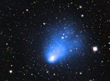 This picture of the galaxy cluster ACT-CL J0102−4915 combines images taken with ESO’s Very Large Telescope with images from the SOAR Telescope and X-ray observations from NASA’s Chandra X-ray Observatory. The X-ray image shows the hot gas in the cluster and is shown in blue. This newly discovered galaxy cluster has been nicknamed El Gordo — the "big" or "fat one" in Spanish. It consists of two separate galaxy subclusters colliding at several million kilometres per hour, and is so far away that its light has travelled for seven billion years to reach the Earth. Credit: ESO/SOAR/NASA