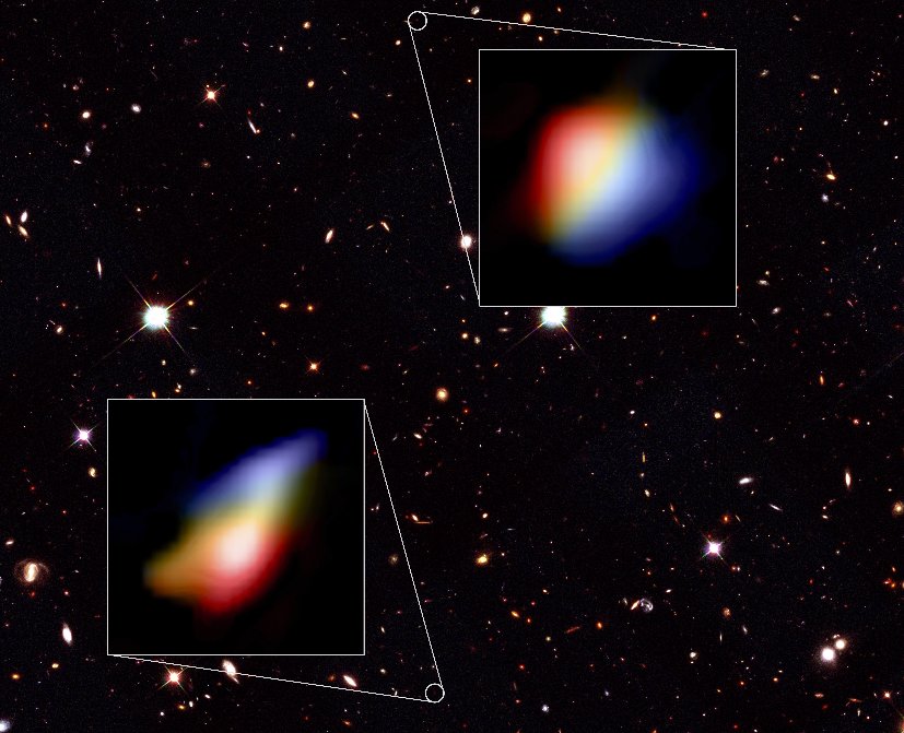 ALMA images of rotating galaxies in the early universe shown on a background from the Hubble Space Telescope. Credit: Hubble (NASA/ESA), ALMA (ESO/NAOJ/NRAO), P. Oesch (University of Geneva) and R. Smit (University of Cambridge)