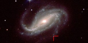 Supernova 2016gkg (indicated by red bars) in the galaxy NGC 613, located about 40 million light years from Earth in the constellation Sculptor. (Image by C. Kilpatrick, UC Santa Cruz, and Carnegie Institution for Science, Las Campanas Observatory, Chile)