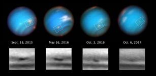 This series of Hubble Space Telescope images taken over 2 years tracks the demise of a giant dark vortex on the planet Neptune. The oval-shaped spot has shrunk from 3,100 miles across its long axis to 2,300 miles across, over the Hubble observation period. Credit: NASA, ESA, and M.H. Wong and A.I. Hsu (UC Berkeley)