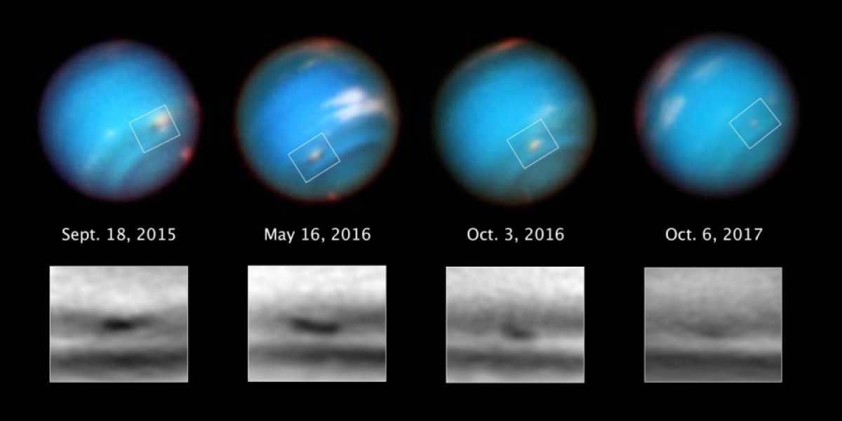 This series of Hubble Space Telescope images taken over 2 years tracks the demise of a giant dark vortex on the planet Neptune. The oval-shaped spot has shrunk from 3,100 miles across its long axis to 2,300 miles across, over the Hubble observation period. Credit: NASA, ESA, and M.H. Wong and A.I. Hsu (UC Berkeley)