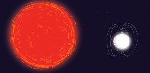 Artist impression depicting winds from a red giant star impacting a neutron star to create prolonged X-ray emission. Such a system is rare: no more than ten are currently known. One was detected “switching on” in X-rays in August 2017, by ESA’s Integral satellite. Credit: ESA