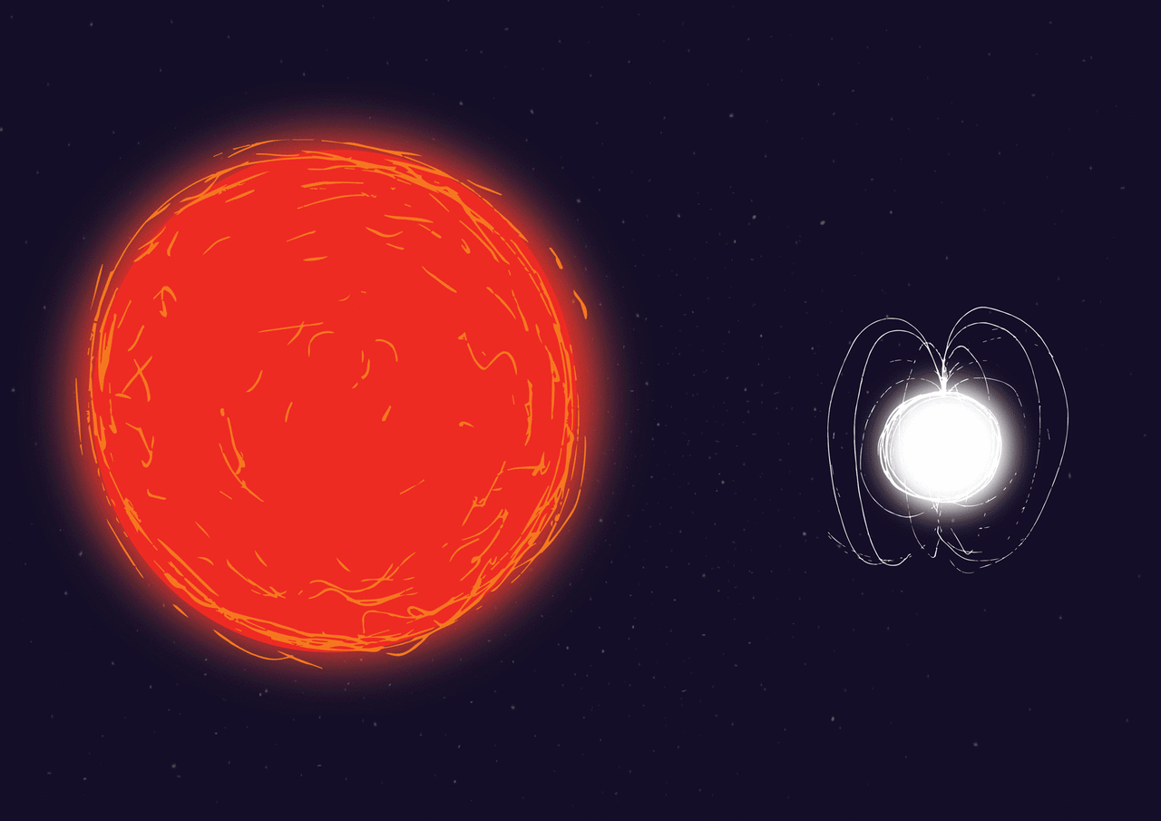 Artist impression depicting winds from a red giant star impacting a neutron star to create prolonged X-ray emission. Such a system is rare: no more than ten are currently known. One was detected “switching on” in X-rays in August 2017, by ESA’s Integral satellite. Credit: ESA