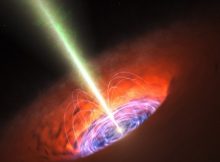 Artist's impression of an inner accretion flow and a jet from a supermassive black hole when it is actively feeding, for example, from a star that it recent tore apart. Image: ESO/L. Calçada