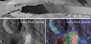 This view from NASA's Dawn mission shows Ceres' tallest mountain, Ahuna Mons, 2.5 miles (4 kilometers) high and 11 miles (17 kilometers) wide. This is one of the few sites on Ceres at which a significant amount of sodium carbonate has been found, shown in green and red colors in the lower right image. Credit: NASA/JPL-Caltech/UCLA/MPS/DLR/IDA/ASI/INAF