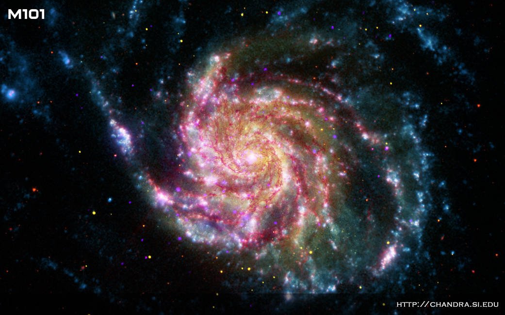 The Pinwheel Galaxy is in the constellation of Ursa Major (also known as the Big Dipper). It is about 70 percent larger than our own Milky Way Galaxy, with a diameter of about 170,000 light years, and sits at a distance of 21 million light years from Earth. This means that the light we're seeing in this image left the Pinwheel Galaxy about 21 million years ago - many millions of years before humans ever walked the Earth. Image Credits: X-ray: NASA/CXC/SAO; IR & UV: NASA/JPL-Caltech; Optical: NASA/STScI