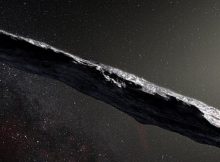 This artist’s impression shows the first interstellar asteroid: `Oumuamua. Credit: ESO/M. Kornmesser.