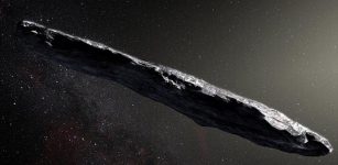 This artist’s impression shows the first interstellar asteroid: `Oumuamua. Credit: ESO/M. Kornmesser.