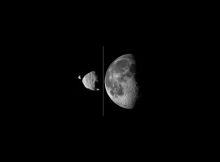 This composite image compares how big the moons of Mars appear, as seen from the surface of the Red Planet, in relation to the size that our Moon appears from Earth’s surface. While Earth’s Moon is 100 times bigger than the larger Martian moon Phobos, the Martian moons orbit much closer to their planet, making them appear relatively larger in the sky. Deimos, at far left, and Phobos, beside it, are shown together as photographed by NASA’s Mars rover Curiosity on Aug. 1, 2013. Credit: Image Courtesy of NASA/JPL-Caltech/Malin Space Science Systems/Texas A&M Univ.