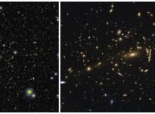 (Left) Galaxy cluster MACS J1206 observed with the Subaru Telescope. (Right) Magnified image of the left by the Hubble Space Telescope. Credit: NASA/ESA, Umetsu et al. 2012, ApJ, 755, 56