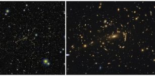(Left) Galaxy cluster MACS J1206 observed with the Subaru Telescope. (Right) Magnified image of the left by the Hubble Space Telescope. Credit: NASA/ESA, Umetsu et al. 2012, ApJ, 755, 56
