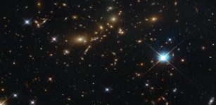 NASA/ESA Hubble Space Telescope image shows a massive galaxy cluster glowing brightly in the darkness. Despite its beauty, this cluster bears the distinctly unpoetic name of PLCK G308.3-20.2. Image credit: ESA/Hubble & NASA, RELICS