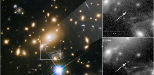 This is an Icarus capture by the Hubble Space Telescope. The left image shows galaxy cluster MACS J1149+2223 and the position of Icarus. The top right image shows how Icarus was not visible in 2011, and became visible in 2016. Image credit: NASA/ESA/P. Kelly