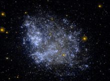 The dwarf irregular galaxy IC1613. Astronomers wondering whether primordial black holes might compose the dark matter in the universe suggest that the shapes of faint dwarf galaxies with dark matter halos might reveal the answer. NASA/JPL-Caltech/SSC