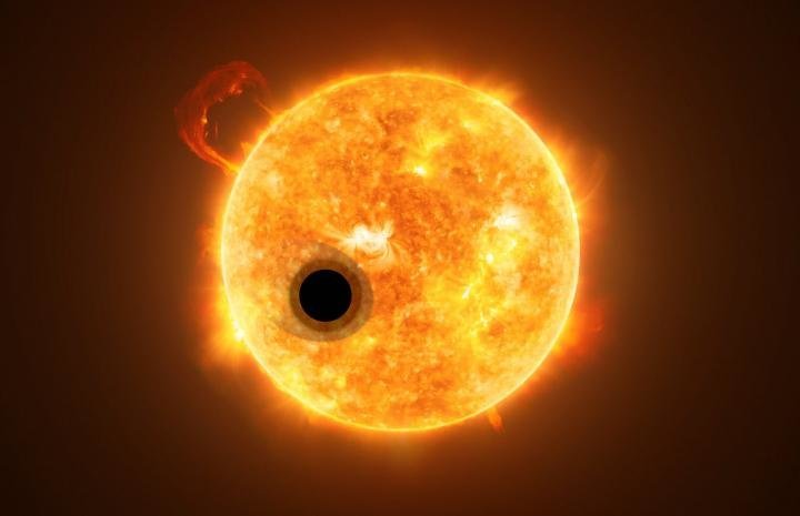 The exoplanet WASP-107b is a gas giant, orbiting a highly active K-type main sequence star. The star is about 200 light-years from Earth. Using spectroscopy, scientists were able to find helium in the escaping atmosphere of the planet -- the first detection of this element in the atmosphere of an exoplanet. Credit: ESA/Hubble, NASA, M. Kornmesser