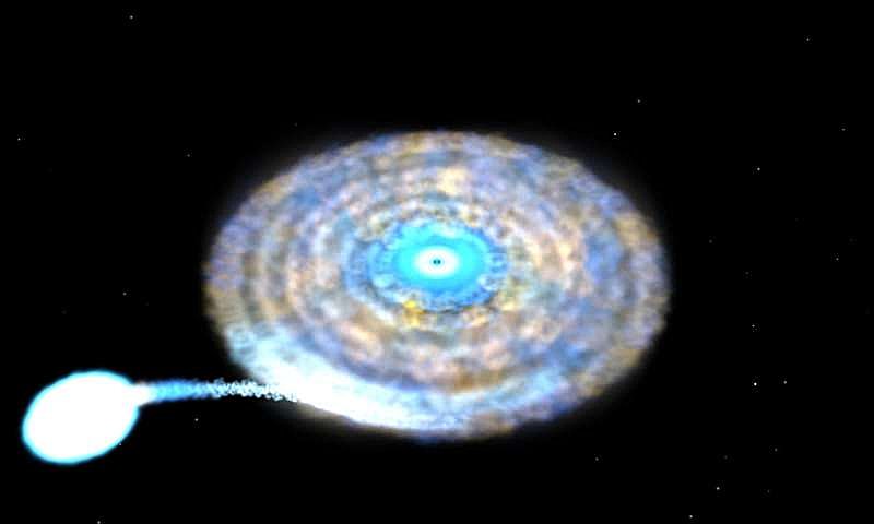 The stars of IGR J17062–6143, illustrated here, circle each other every 38 minutes, the fastest-known orbit for a binary system containing an accreting millisecond X-ray pulsar. As they revolve, a superdense pulsar pulls gas from a lightweight white dwarf. The two stars are so close they would fit between Earth and the Moon. Image credit: NASA