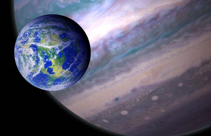 An artist’s illustration of a potentially habitable exomoon orbiting a giant planet in a distant solar system. NASA GSFC: JAY FRIEDLANDER AND BRITT GRISWOLD