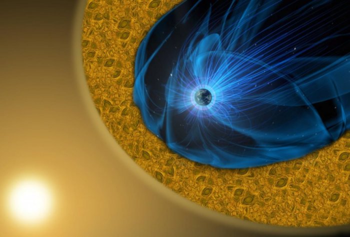 In this visualization, as the supersonic solar wind (yellow haze) flows around the Earth's magnetic field (blue wavy lines), it forms a highly turbulent boundary layer called the 'magnetosheath' (yellow swirling area). A new research paper describes observations of small-scale magnetic reconnection within the magnetosheath, revealing important clues about heating in the sun's outer layers and elsewhere in the universe. Credit: NASA/GSFC