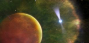 The pulsar PSR B1957+20 is seen in the background through the cloud of gas enveloping its brown dwarf star companion. Image: Dr. Mark A. Garlick; Dunlap Institute for Astronomy & Astrophysics, University of Toronto