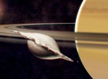 Formation of Atlas, one of the small inner moons of Saturn. Its flat, ravioli-like shape is the result of a merging collision of two similar-sized bodies. The picture is a snapshot in mid-collision, before the moon’s reorientation due to tides is completed. © A. Verdier