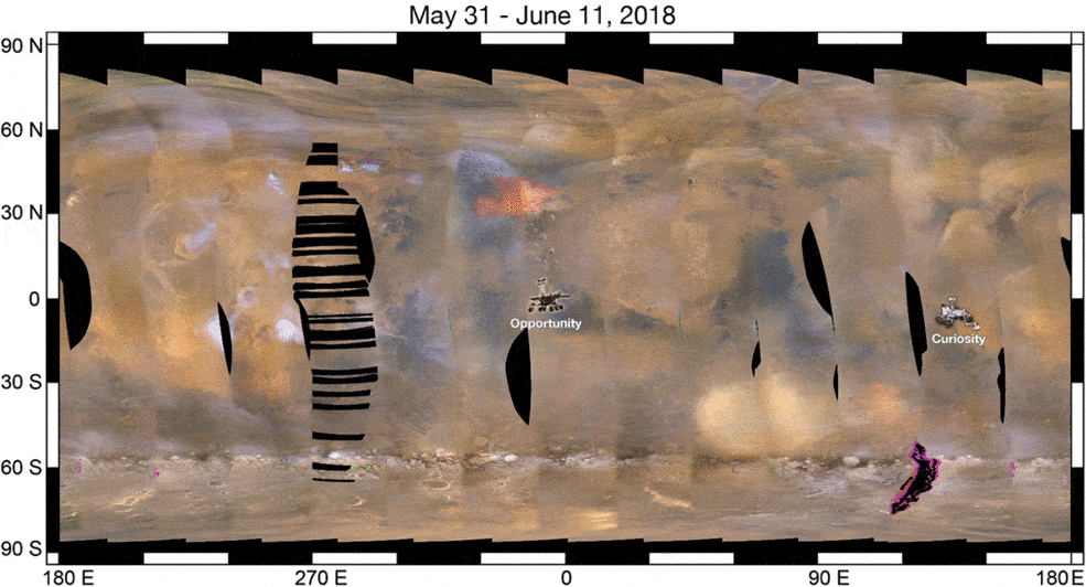 This GIF shows the expansion of Mars' huge dust storm of May-June 2018, as observed by NASA's Mars Reconnaissance Orbiter. Credit: NASA/JPL-Caltech/MSSS