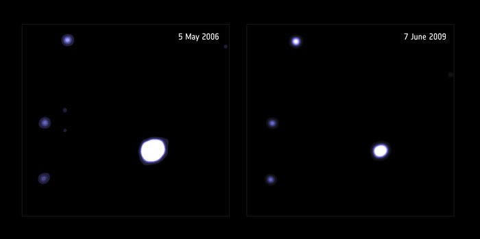 The X-ray source 3XMM J215022.4-055108, viewed with ESA’s XMM-Newton X-ray space observatory in 2006 (left) and 2009 (right). image credit: ESA/XMM-Newton; D. Lin et al (University of New Hampshire, USA). Acknowledgement: NASA/CXC