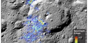Last year, the Dawn spacecraft spied organic material near Ernutet crater on the dwarf planet Ceres, largest denizen of the asteroid belt. A new analysis suggests those organics could be more plentiful than originally thought. Credit: NASA / Hannah Kaplan