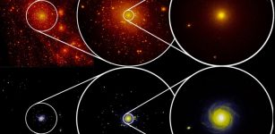 Simulation: This picture shows the distribution of dark matter (above) and stars (below). © E. Garaldi, C. Porciani, E. Romano-Díaz / University of Bonn for the ZOMG Collaboration