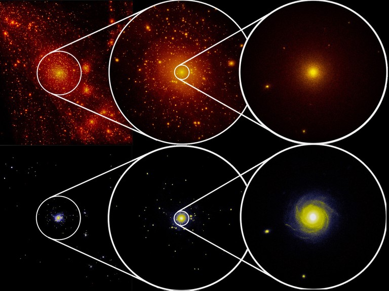 Simulation: This picture shows the distribution of dark matter (above) and stars (below). © E. Garaldi, C. Porciani, E. Romano-Díaz / University of Bonn for the ZOMG Collaboration