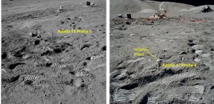 Left: This photograph by astronaut James Irwin shows the borestem and the cable of the Apollo 15 heat flow probe 1 protruding from the ground. Around the borestem, footprints of the astronauts can be seen. Right: This photograph by astronaut Harrison Schmidt shows the borestem and the cable of the Apollo 17 Probe 2 protruding from the ground. Credit: NASA.