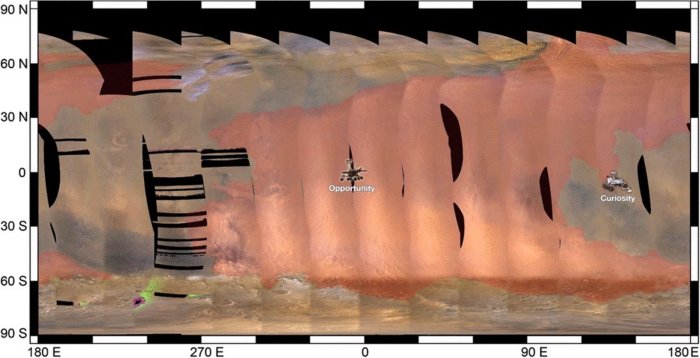 The extent of Mars' huge dust storm on June 11, 2018, as observed by NASA's Mars Reconnaissance Orbiter. Credit: NASA/JPL-Caltech/MSSS