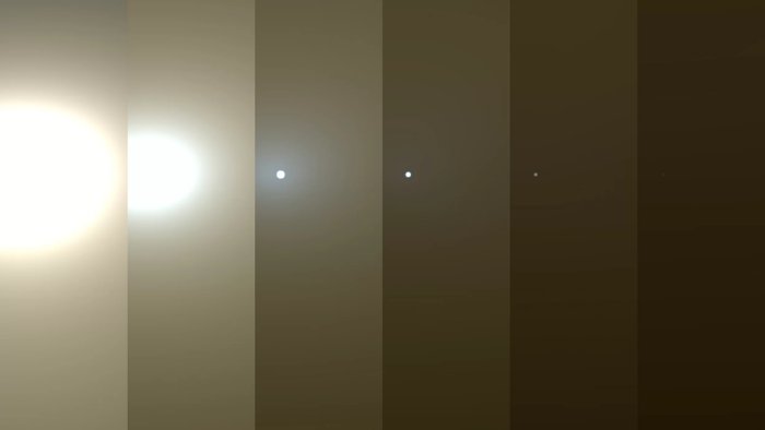 This series of simulated Mars rover Opportunity images shows how conditions have changed around the NASA rover as a huge dust storm has intensified (from left to right) throughout June 2018. Credit: NASA/JPL-Caltech/TAMU