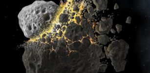 Illustration of a large asteroid splintering. Credit: Don Davis