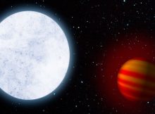 Artist's impression of the hot star KELT-9 and its planet KELT-9b, a hot Jupiter. Researchers have now detected the extended hydrogen atmosphere of the planet, which is "boiling off" due to the central star's great heat. Image: MPIA