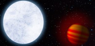 Artist's impression of the hot star KELT-9 and its planet KELT-9b, a hot Jupiter. Researchers have now detected the extended hydrogen atmosphere of the planet, which is "boiling off" due to the central star's great heat. Image: MPIA