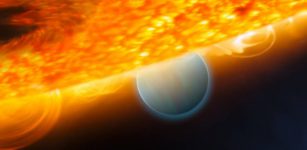 his is an artist's impression of the Jupiter-size extrasolar planet, HD 189733b, being eclipsed by its parent star. Astronomers using the Hubble Space Telescope have measured carbon dioxide and carbon monoxide in the planet's atmosphere. The planet is a "hot Jupiter," which is so close to its star that it completes an orbit in only 2.2 days. The planet is too hot for life as we know it. But under the right conditions, on a more Earth-like world, carbon dioxide can indicate the presence of extraterrestrial life. This observation demonstrates that chemical biotracers can be detected by space telescope observations. Credits: ESA, NASA, M. Kornmesser (ESA/Hubble), and STScI