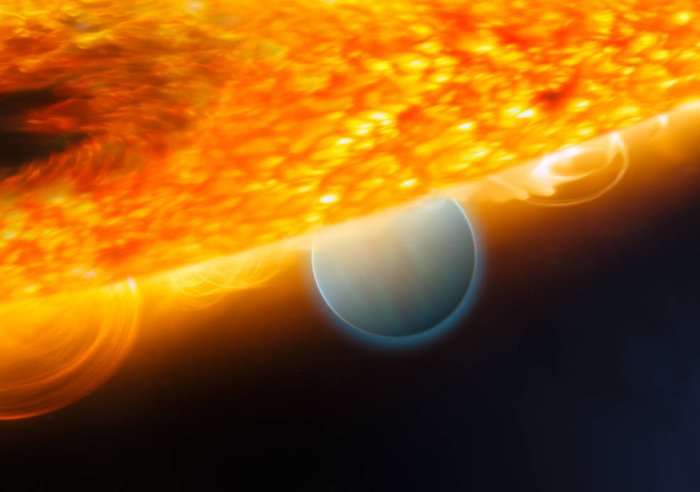 his is an artist's impression of the Jupiter-size extrasolar planet, HD 189733b, being eclipsed by its parent star. Astronomers using the Hubble Space Telescope have measured carbon dioxide and carbon monoxide in the planet's atmosphere. The planet is a "hot Jupiter," which is so close to its star that it completes an orbit in only 2.2 days. The planet is too hot for life as we know it. But under the right conditions, on a more Earth-like world, carbon dioxide can indicate the presence of extraterrestrial life. This observation demonstrates that chemical biotracers can be detected by space telescope observations. Credits: ESA, NASA, M. Kornmesser (ESA/Hubble), and STScI