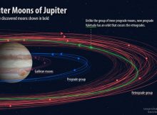 Jovian moons with the newly discovered ones shown in bold. The 'oddball,' called Valetudo after the Roman god Jupiter's great-granddaughter, has a prograde orbit that crosses the retrograde orbits. Credit: By Roberto Molar-Candanosa, courtesy of Carnegie Institution for Science.