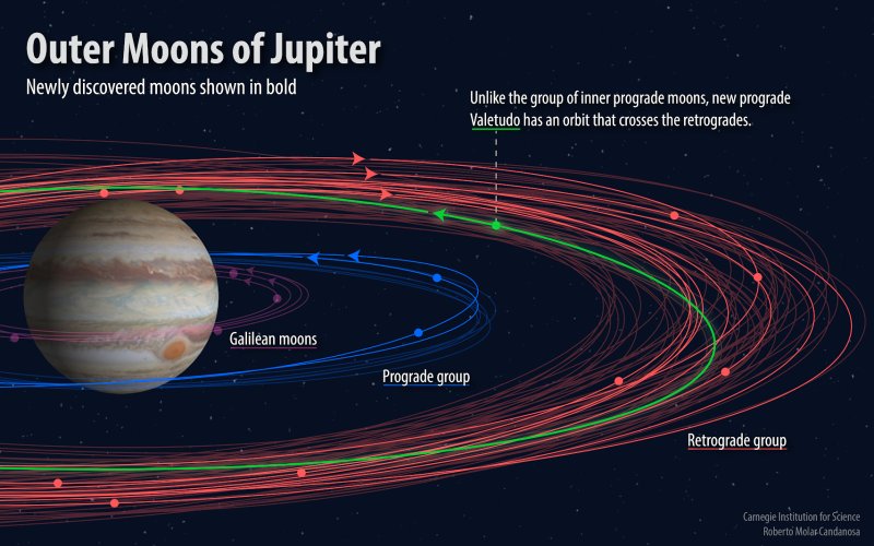 Jovian moons with the newly discovered ones shown in bold. The 'oddball,' called Valetudo after the Roman god Jupiter's great-granddaughter, has a prograde orbit that crosses the retrograde orbits. Credit: By Roberto Molar-Candanosa, courtesy of Carnegie Institution for Science.