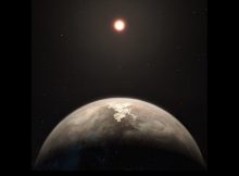 This artist's impression shows the temperate planet Ross 128 b, with its red dwarf parent star in the background. Credit: courtesy of ESO/M. Kornmesser
