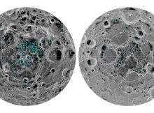 The image shows the distribution of surface ice at the Moon's south pole (left) and north pole (right), detected by NASA's Moon Mineralogy Mapper instrument. Blue represents the ice locations, plotted over an image of the lunar surface, where the gray scale corresponds to surface temperature (darker representing colder areas and lighter shades indicating warmer zones). The ice is concentrated at the darkest and coldest locations, in the shadows of craters. This is the first time scientists have directly observed definitive evidence of water ice on the Moon's surface. Credits: NASA