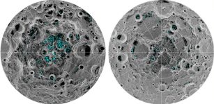 The image shows the distribution of surface ice at the Moon's south pole (left) and north pole (right), detected by NASA's Moon Mineralogy Mapper instrument. Blue represents the ice locations, plotted over an image of the lunar surface, where the gray scale corresponds to surface temperature (darker representing colder areas and lighter shades indicating warmer zones). The ice is concentrated at the darkest and coldest locations, in the shadows of craters. This is the first time scientists have directly observed definitive evidence of water ice on the Moon's surface. Credits: NASA