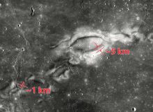 A Wide Field Camera view of Reiner Gamma, also taken from the Lunar Reconnaissance Orbiter, shows alternating bands of bright lobes and dark lanes that vary from 1 to 5 kilometers in scale. (NASA image)