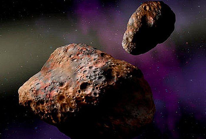 SwRI scientist studied the binary asteroid Patroclus-Menoetius, shown in this artist’s conception, to determine that a shake-up of the giant planets likely happened early in the solar system’s history, within the first 100 million years. Credit: Image Courtesy of W.M. Keck Observatory/Lynette Cook