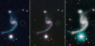 The three panels represent moments before, during, and after the faint supernova iPTF14gqr, visible in the middle panel, appeared in the outskirts of a spiral galaxy located 920 million light years away. The massive star that died in the supernova left behind a neutron star in a very tight binary system. These dense stellar remnants will ultimately spiral into each other and merge in a spectacular explosion, giving off gravitational and electromagnetic waves. Credit: SDSS/Caltech/Keck