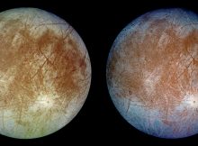Two views of the trailing hemisphere of Jupiter's ice-covered satellite, Europa. The left image shows the approximate natural color appearance of Europa. The image on the right is a false-color composite version combining violet, green and infrared images to enhance color differences in the predominantly water-ice crust of Europa. Image credit: NASA/JPL-Caltech/DLR